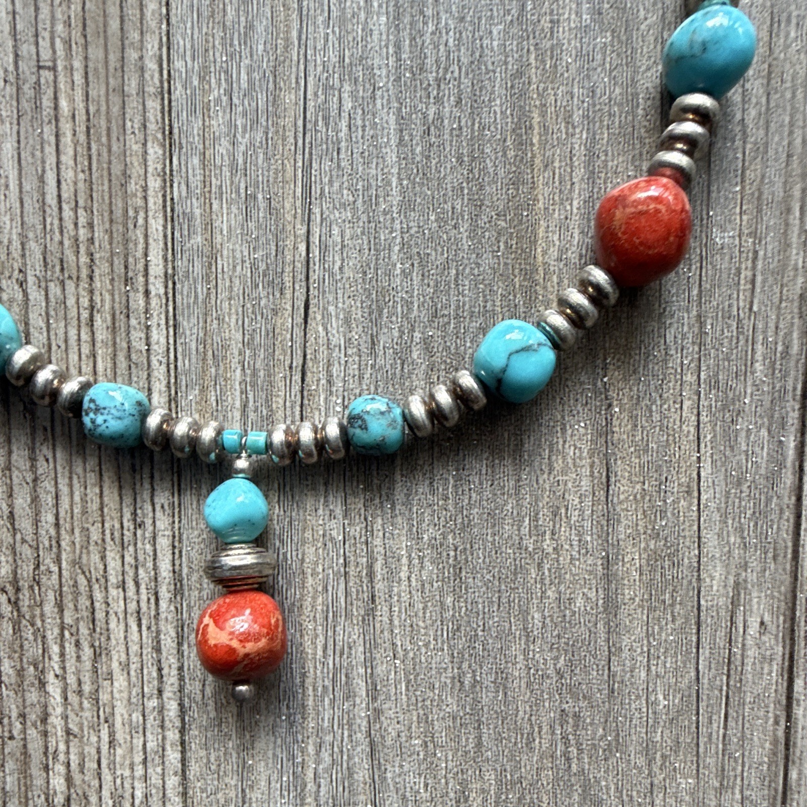 Handmade Sterling Silver Turquoise & Coral Beaded Necklace Dangle Hook Earrings