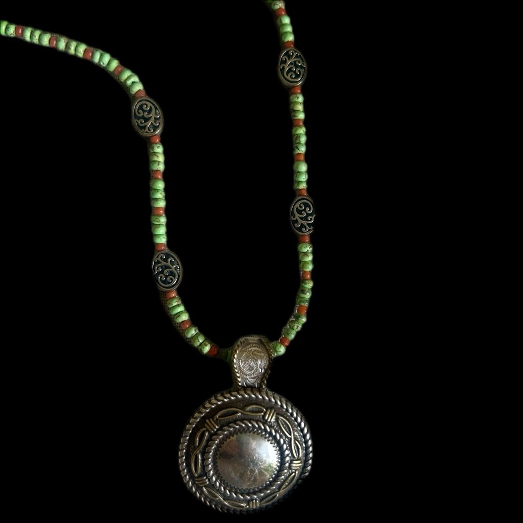 Handmade Salmon Coral Necklace Southwestern Silver Medallion Green Beaded Leathe