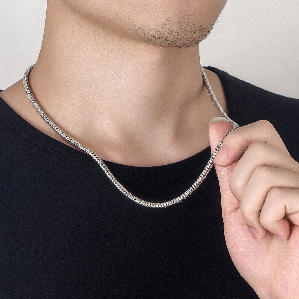 Genuine 925 Sterling Silver Round Snake Necklace 18″ to 28″ for Men Boys Women