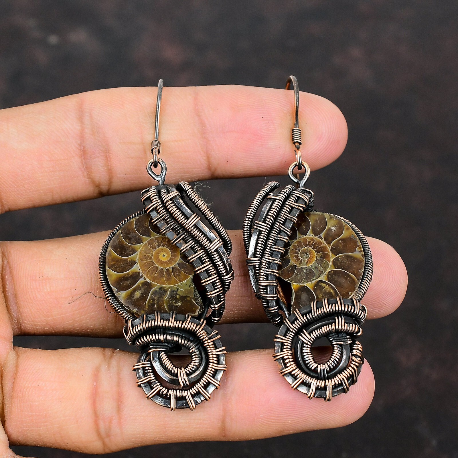 Ammonite Fossil Copper Gift For Bridesmaid Wire Wrapped Earrings 2.72″