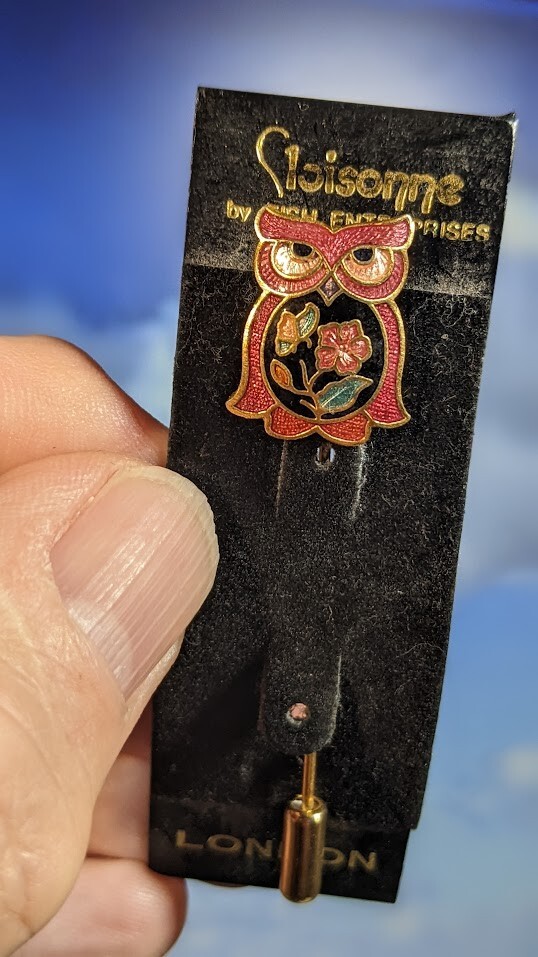 Vintage Fish Cloisonné Enamel Owl Pin, in Box. 62mm