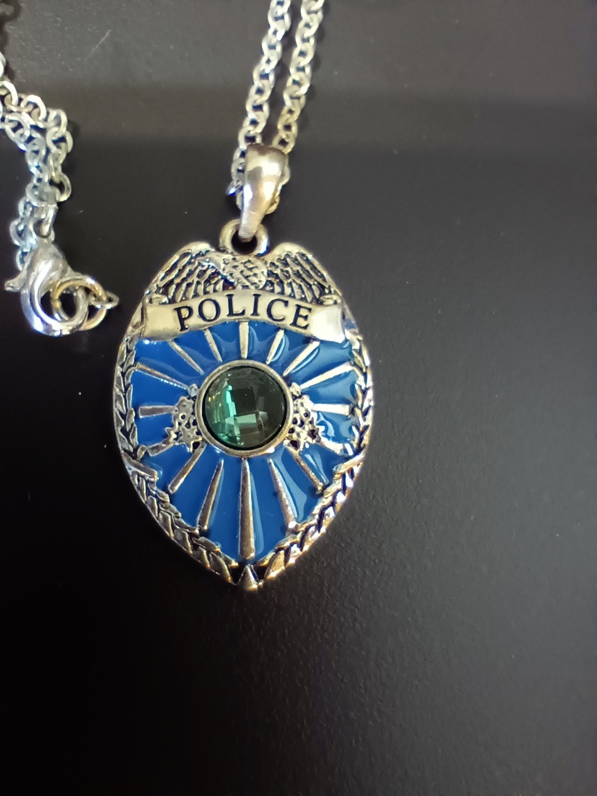 Police Badge Pendant Necklace. Aquamarine Colored Stone In Center