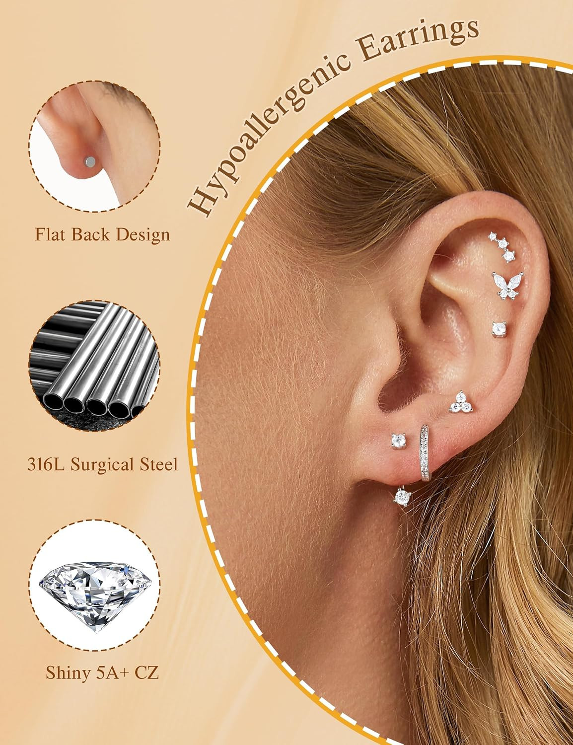 Hypoallergenic Earring Jacket Stacks – 7 Pairs 14K Gold Plated Flat Back Earring