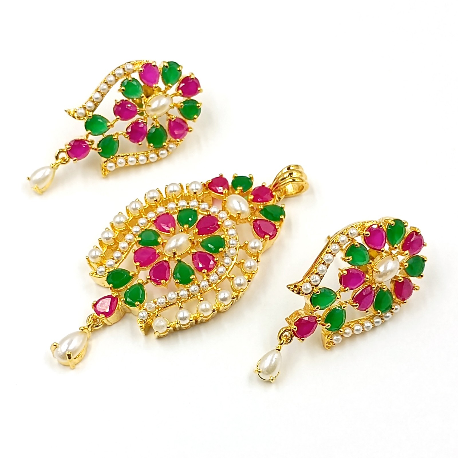 South Indian Ruby Emerald Pearl Pendant Set 22k Gold Plated Bridal Set