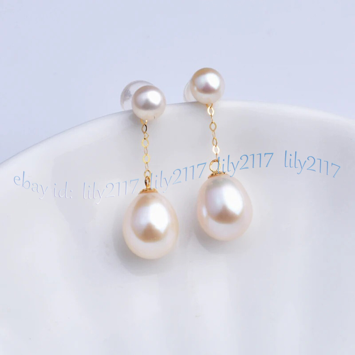 7-8mm Genuine Natural White Freshwater Pearl Drop Pearl Dangle Gold Stud Earring