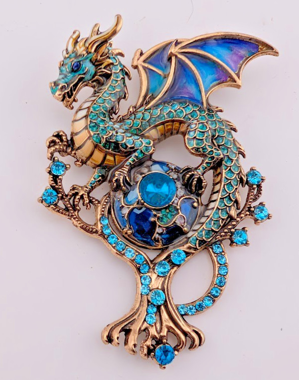 LARGE TEAL DRAGON BROOCH enamel whimsical enamel crystal pin fantasy T3