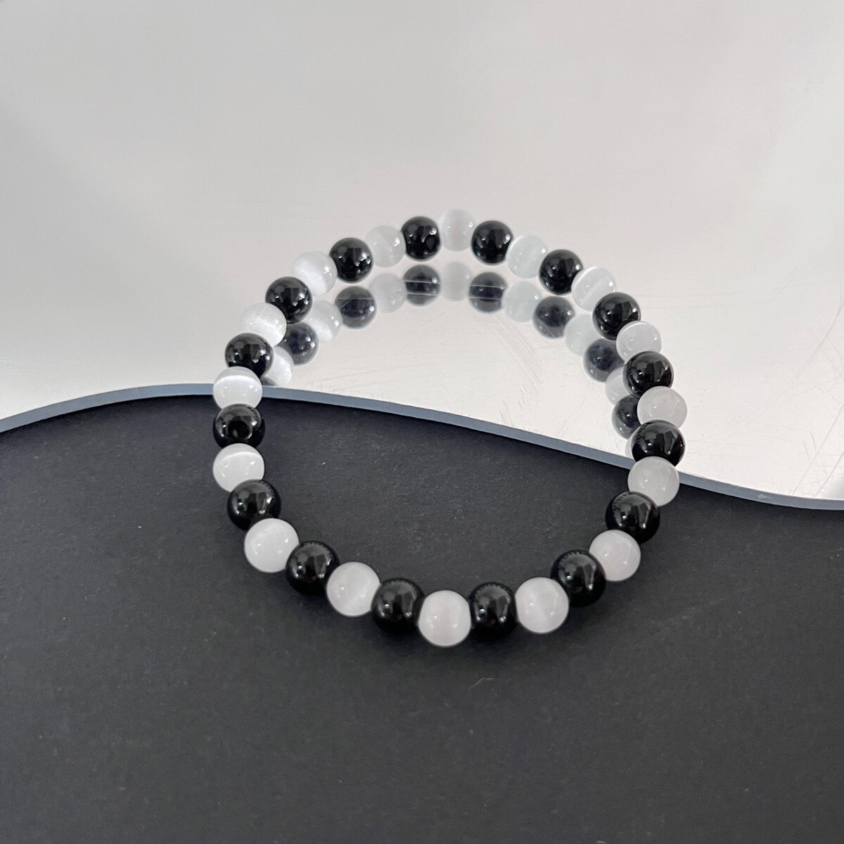 Natural Black Tourmaline Selenite Stretch Bracelet 6mm Round Gemstone Beads
