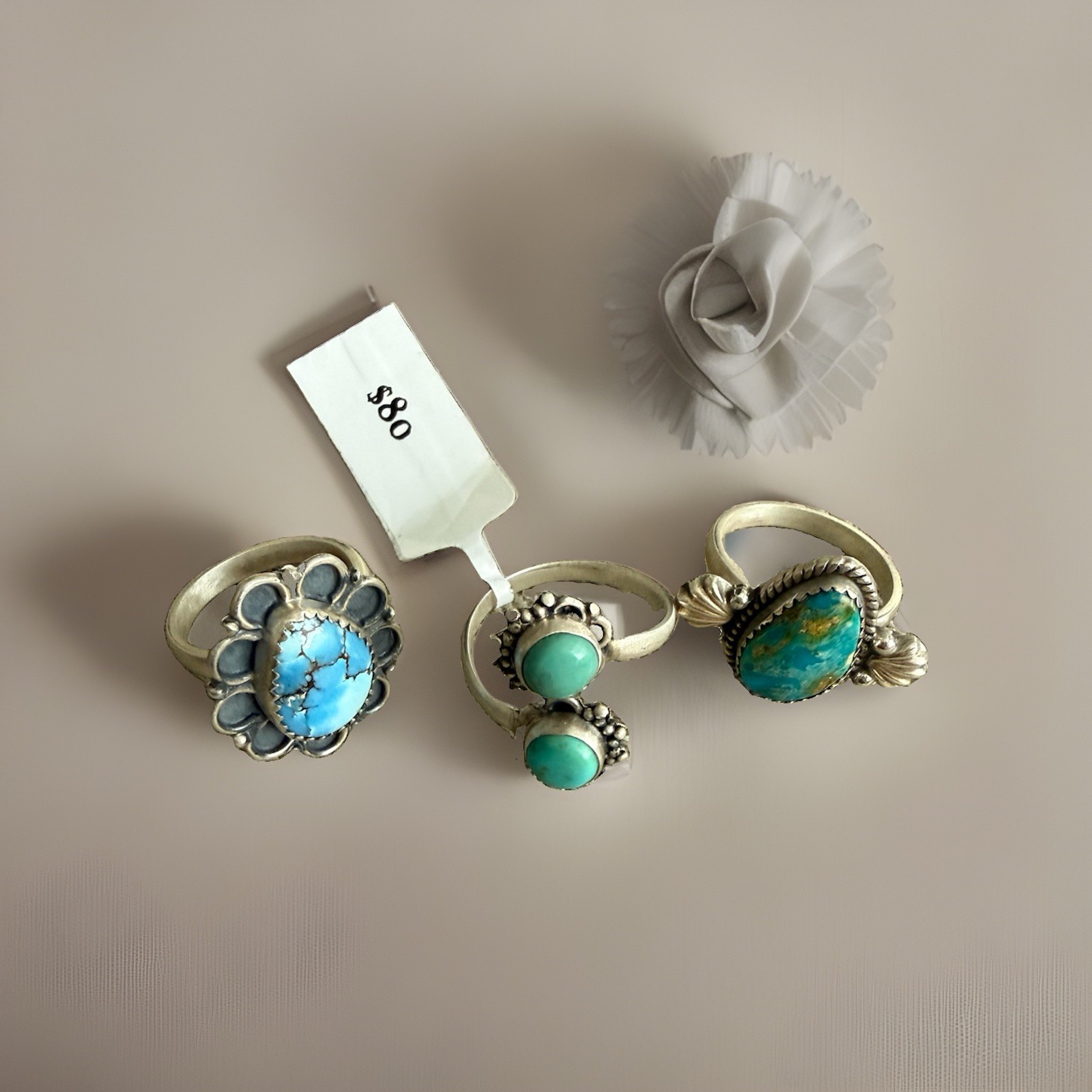 Set Of Three Turquoise Adjustable 925 Sterling Rings