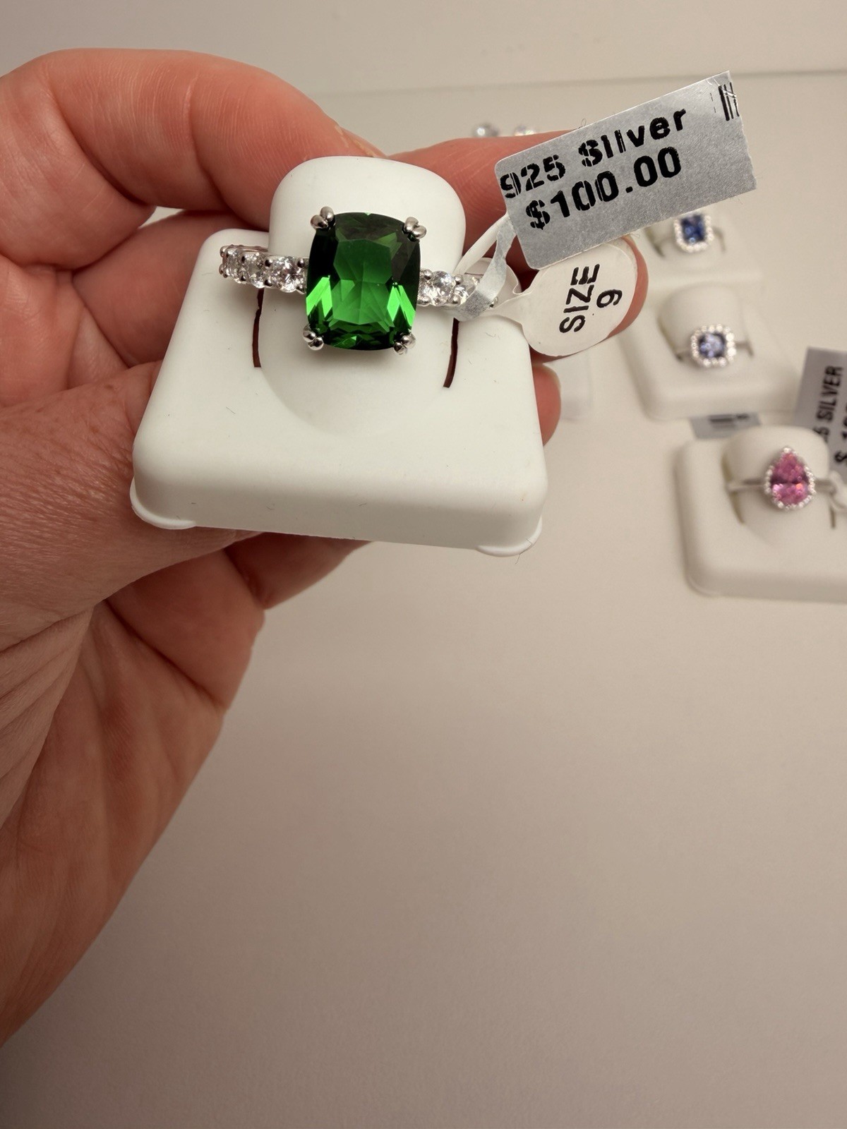 925 Silver, Green Cushion Stone Cocktail Ring Prong Setting Size 9