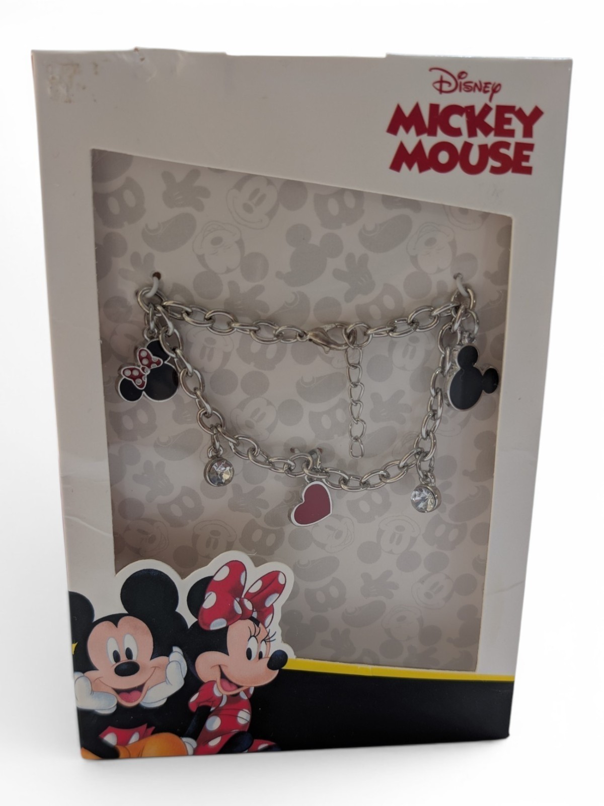 Disney Mickey Mouse & Minnie Charm Bracelet Silver Tone Heart Rhinestone NIP
