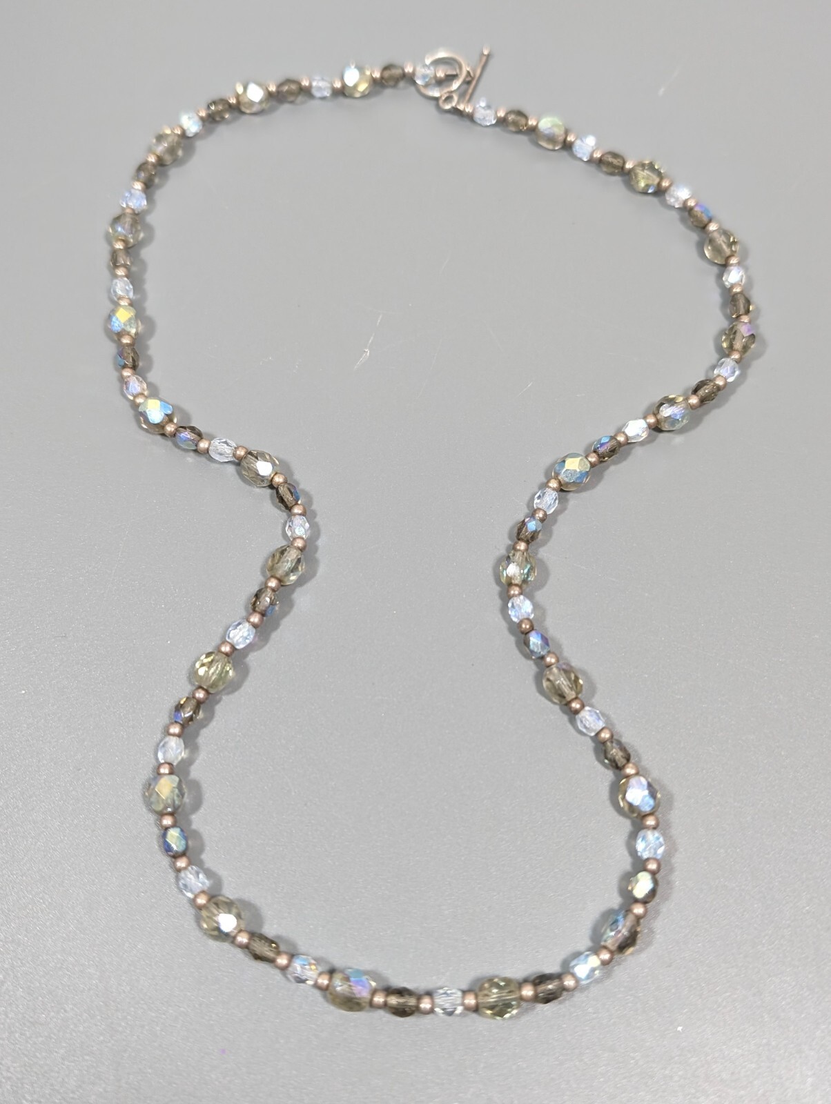 Silver Tone Gray Glass Round Beaded Toggle Necklace Beachy Coastal 19.5 in