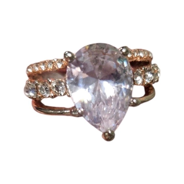 Gold Tone Pear-Cut Clear Stone Cocktail Ring w/ Pave Accents, Multi-Band, 8