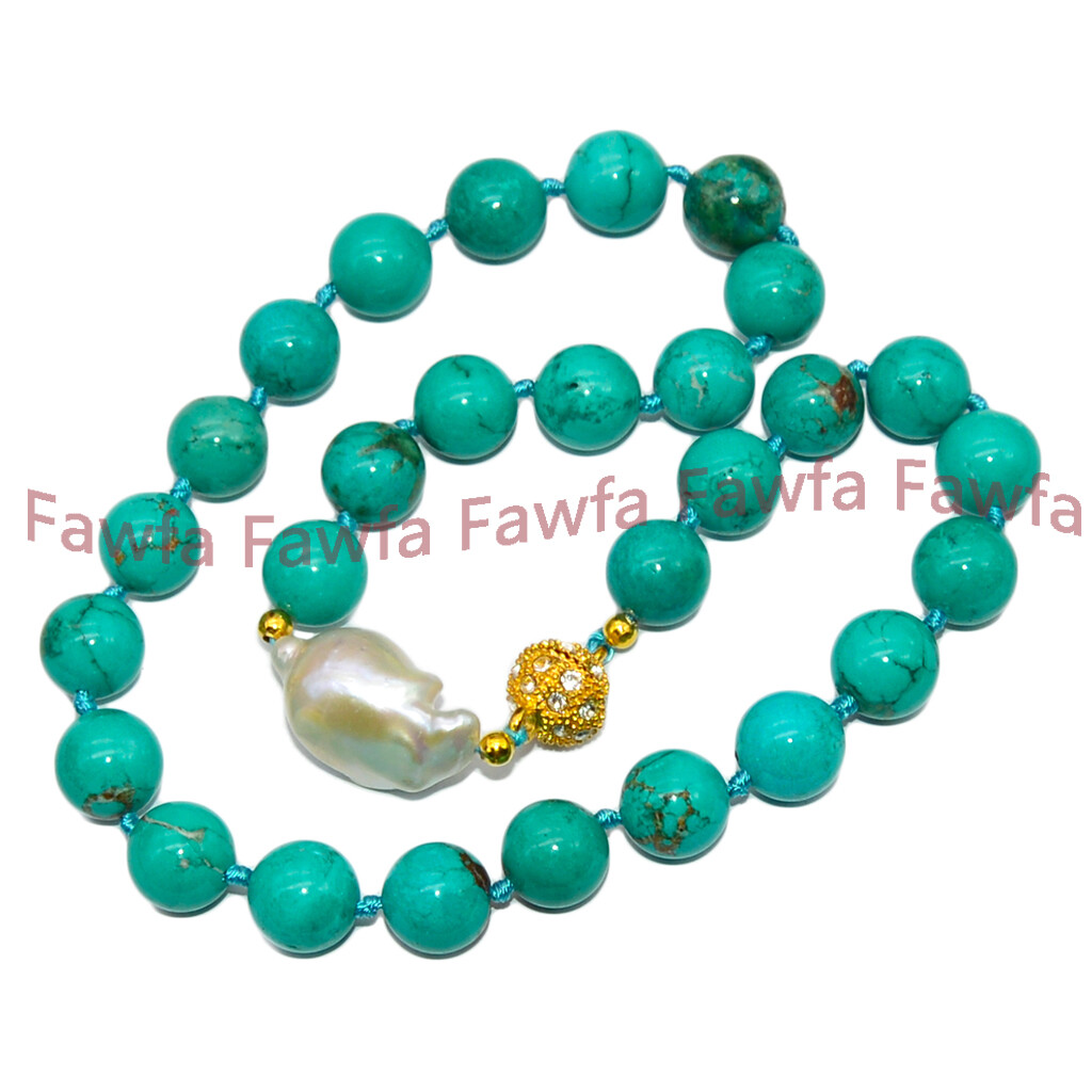 Natural 6/8/10/12/14mm Green Turquoise Round Gems White Baroque Pearl Necklace