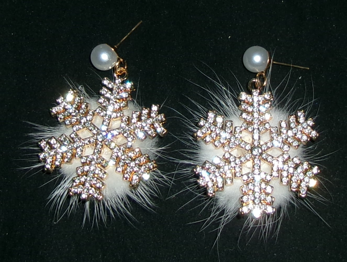 Snowflake WINTER Earrings Clear Rhinestones Faux Fur Back Pierced NEW