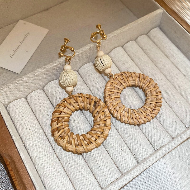CLIP ON EARRINGS Drop Dangle Non Pierced Earrings Brown Beige Woven Raffia BOHO