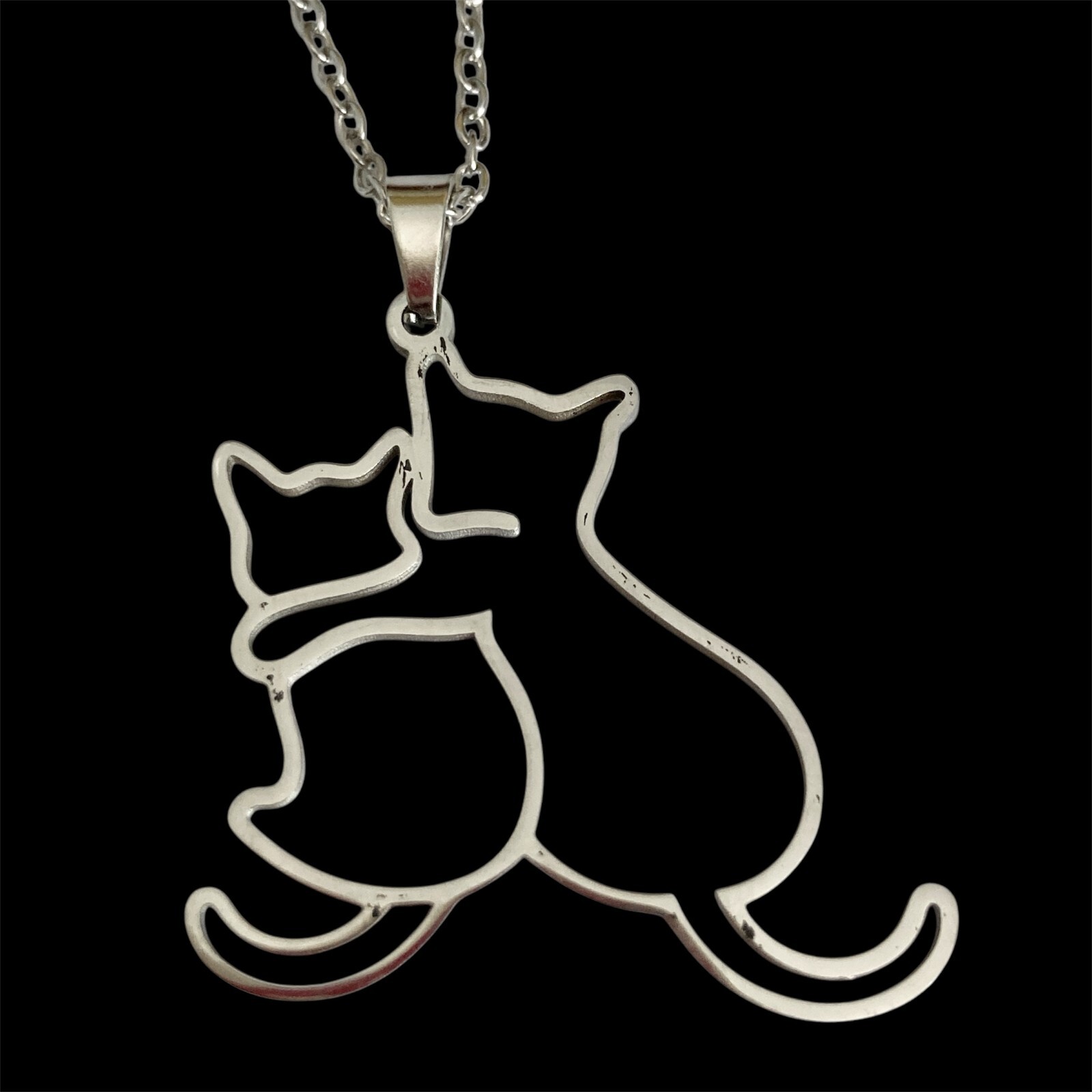Two Cats Charm Pendant Necklace 17-19″ Chain Stainless Steel Cat Lady Silhouette