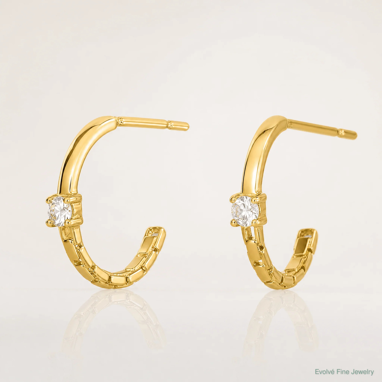 14K Yellow Gold Polished CZ Link Post Hoop Earrings
