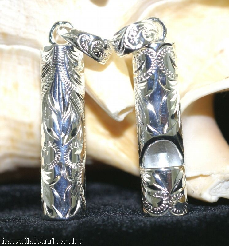 8mm 925 Silver Hand-Engraved Hawaiian Heritage Scrolls Cylinder Whistle Pendant