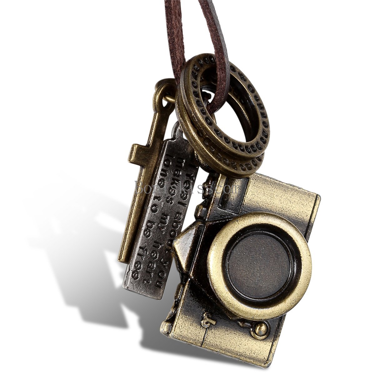 Men Women Bronze Tone Camera Pendant Necklace w Brown Adjustable Leather Chain
