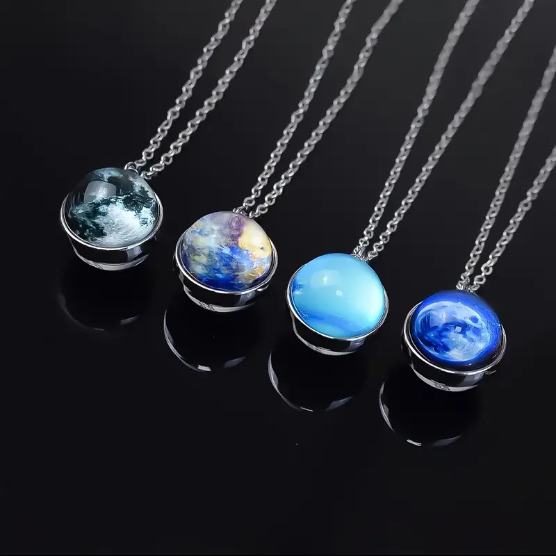 Double Sided Galaxy Planet Glass Ball Pendant Solar System Necklace