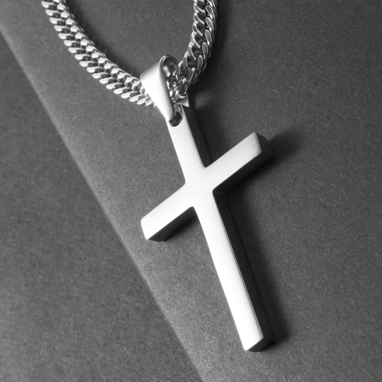 Men Cross Necklace Silver Gold Stainless Steel Boy Plain Pendant Cuban Chain