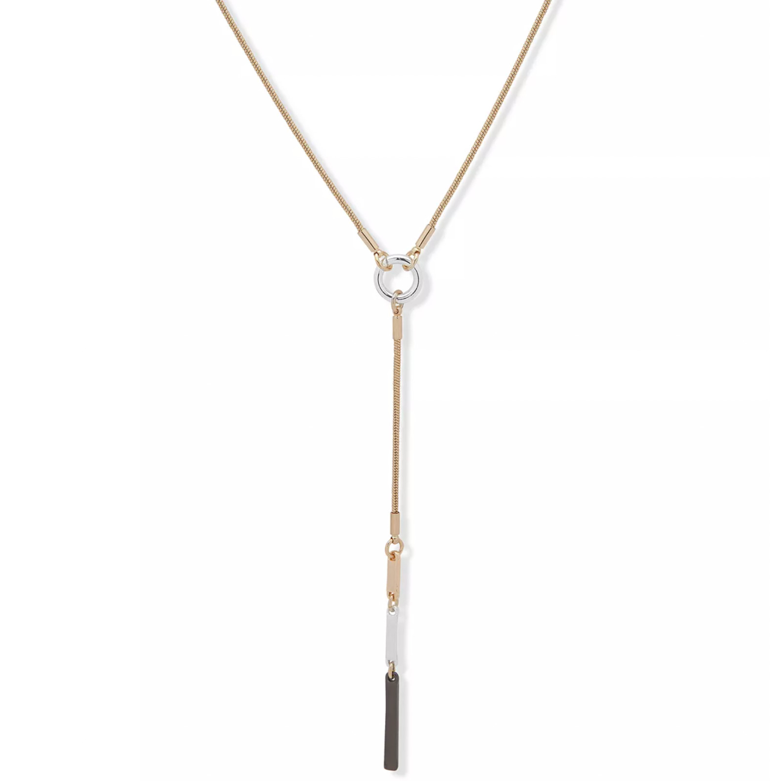 NEW DKNY DONNA KARAN NYC TRI-TONE MIXED METAL CHAIN LARIAT PENDANT NECKLACE 16″