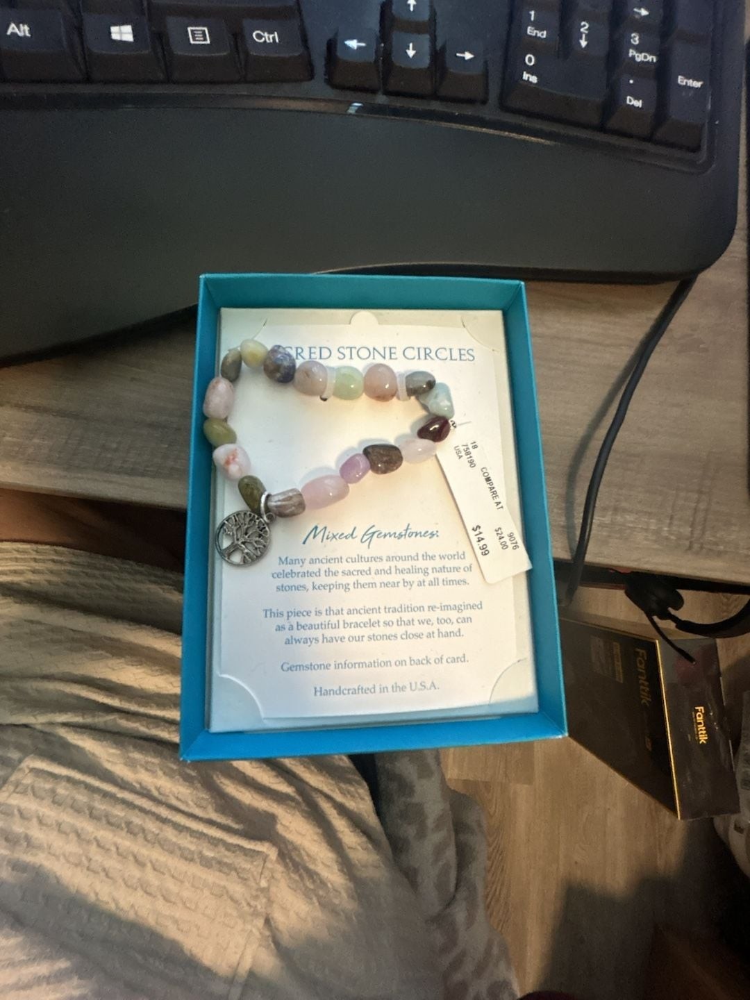 Sacred Stone Circles Mixed Gemstones Tree of Life Charm Stretch Bracelet