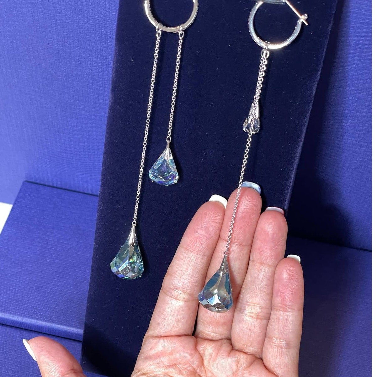 Swarovski Spirit hoop pierced earrings Aqua, Rhodium plated