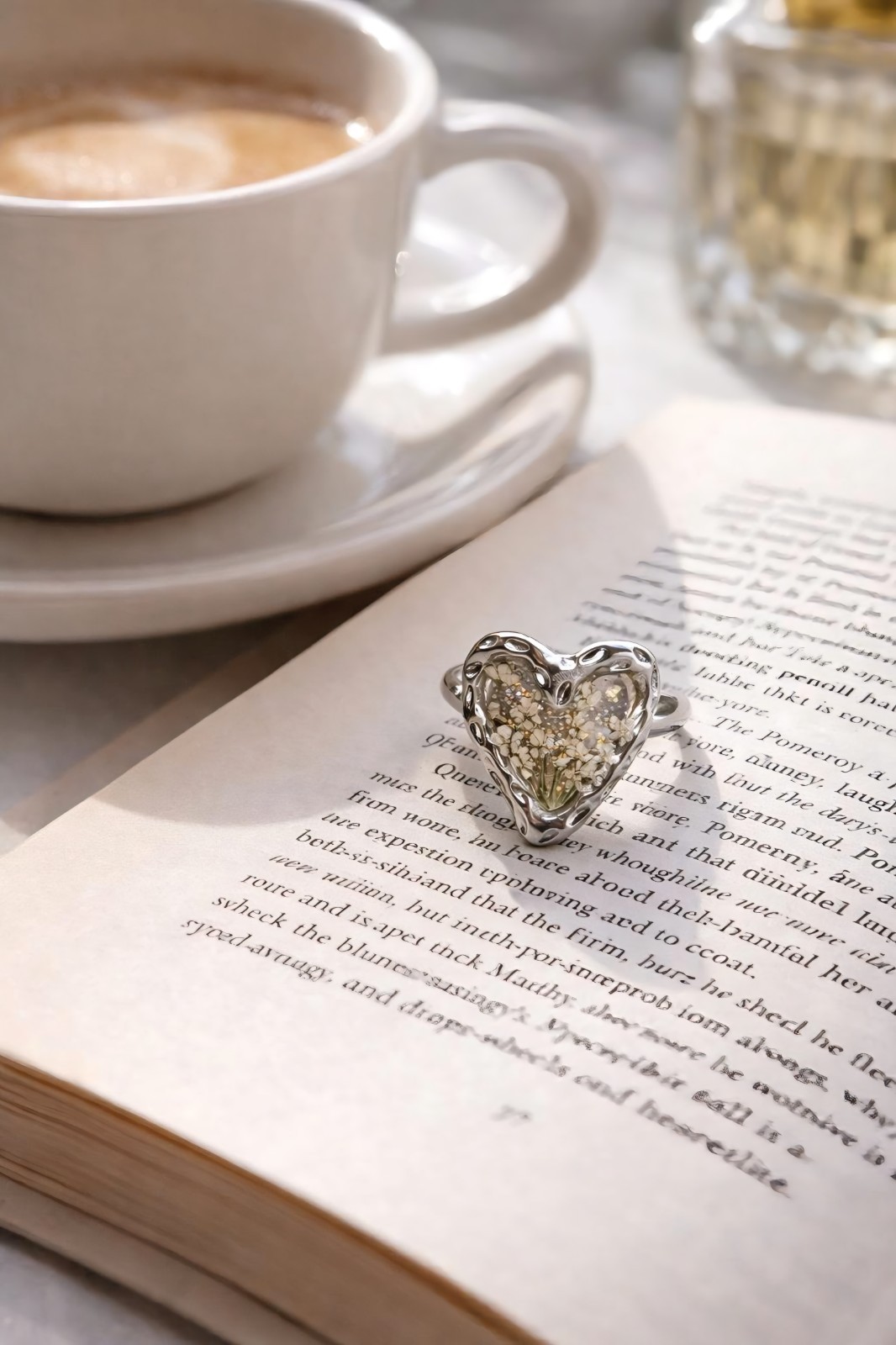 14k Yellow Gold Heart Ring Pressed Flower Plated Resin Adjustable Botanical Gift