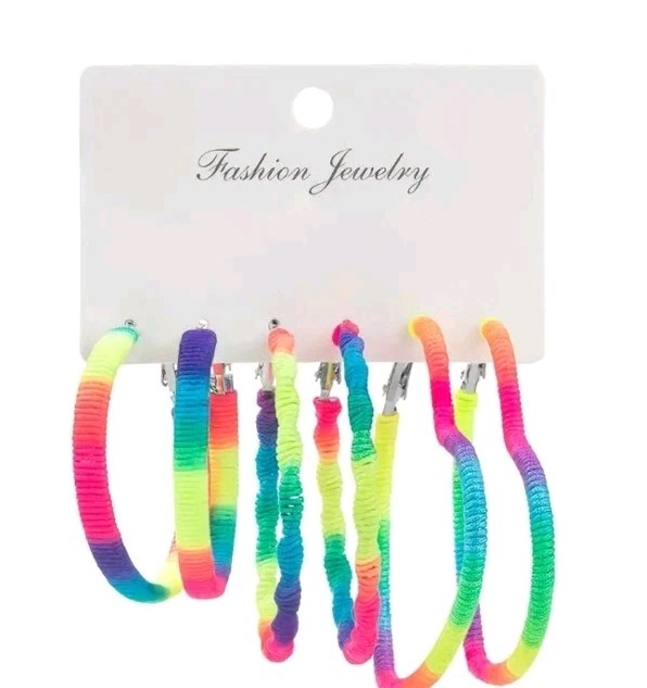 3 Pc. Neon Colored Earrings, Hoops &star Shaped Youth,teens,adults, New!!!