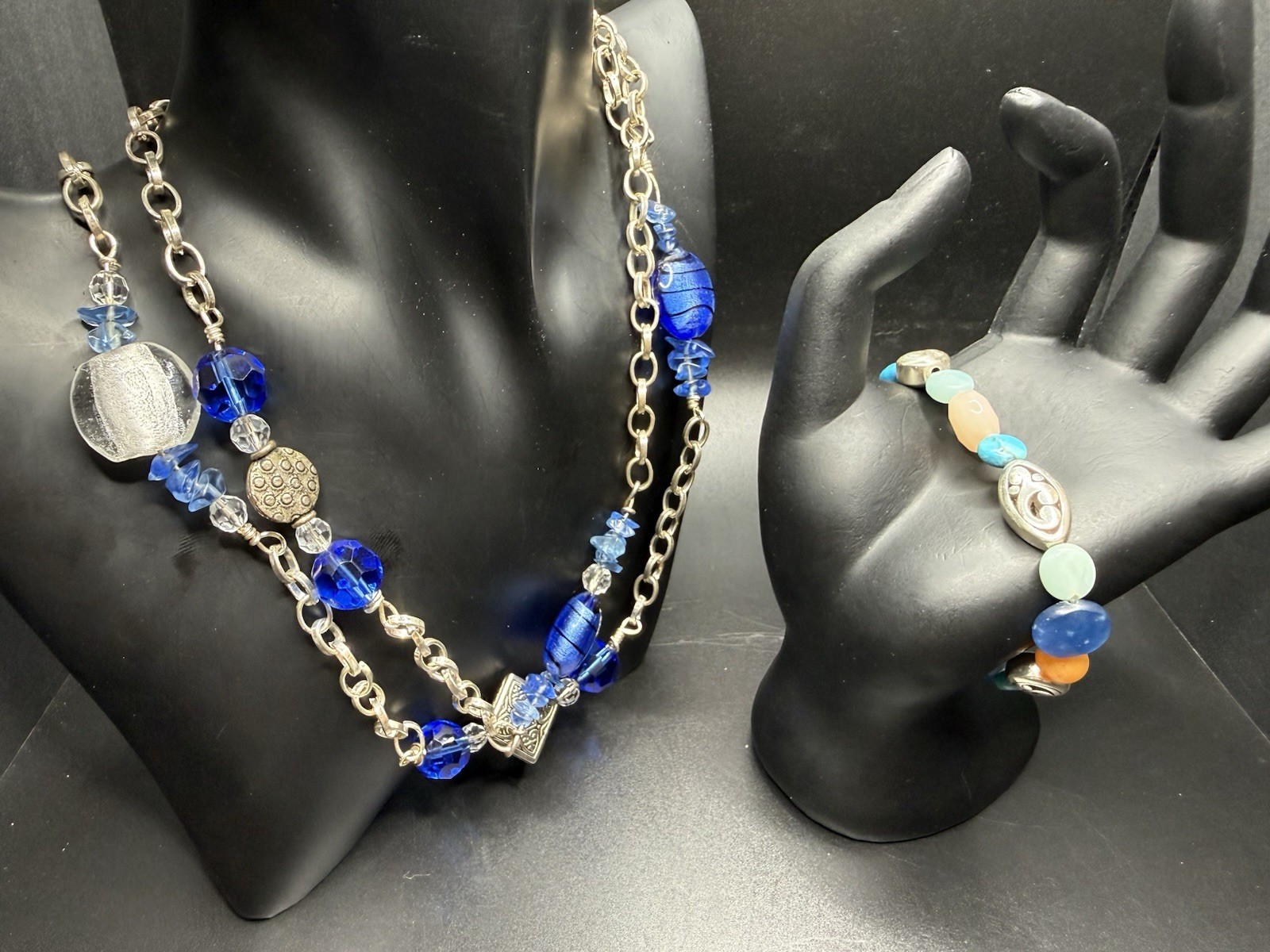 Brighton Bracelet Artisan Blue Art Glass Station Necklace Silver Tone