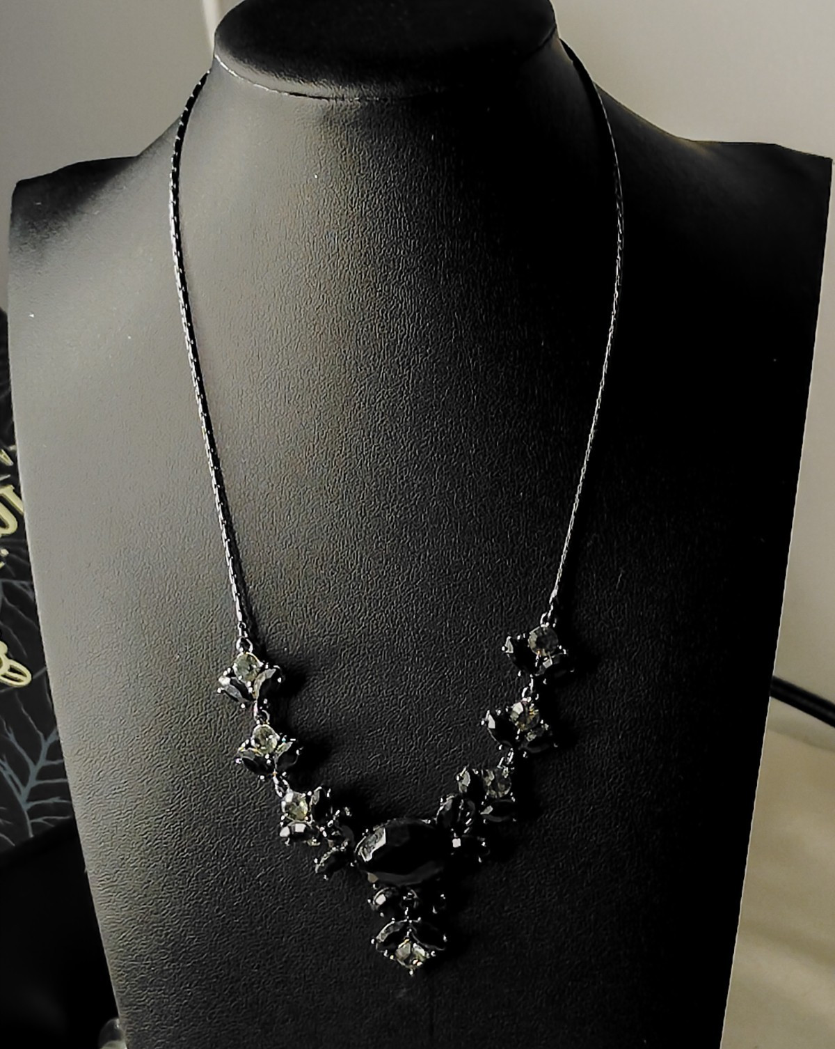 Signed Avon SP Black Rhinestone Statement Bib Necklace Gothic Floral Adjustable