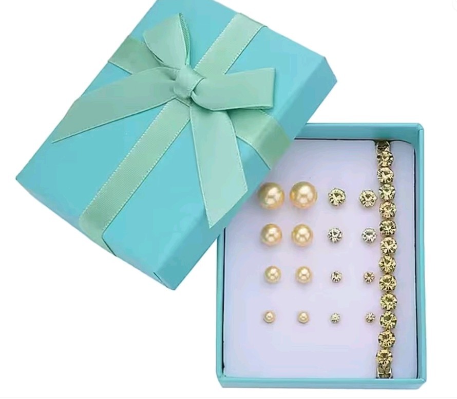 Golden Shell Pearl Earrings, Austrian Crystal Earrings & Bracelet 7.5-9.5In