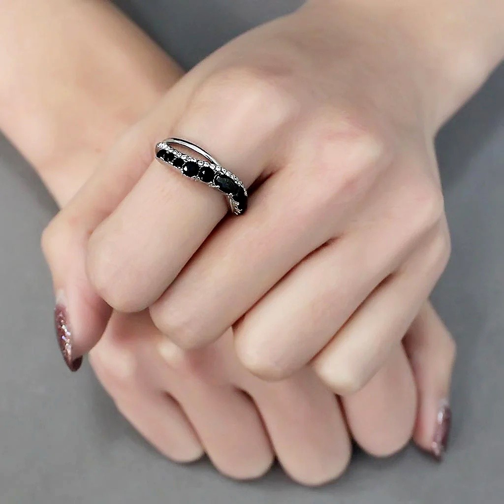 Women’s Ring, Black CZ, Stainless Steel, crossover band, split shank