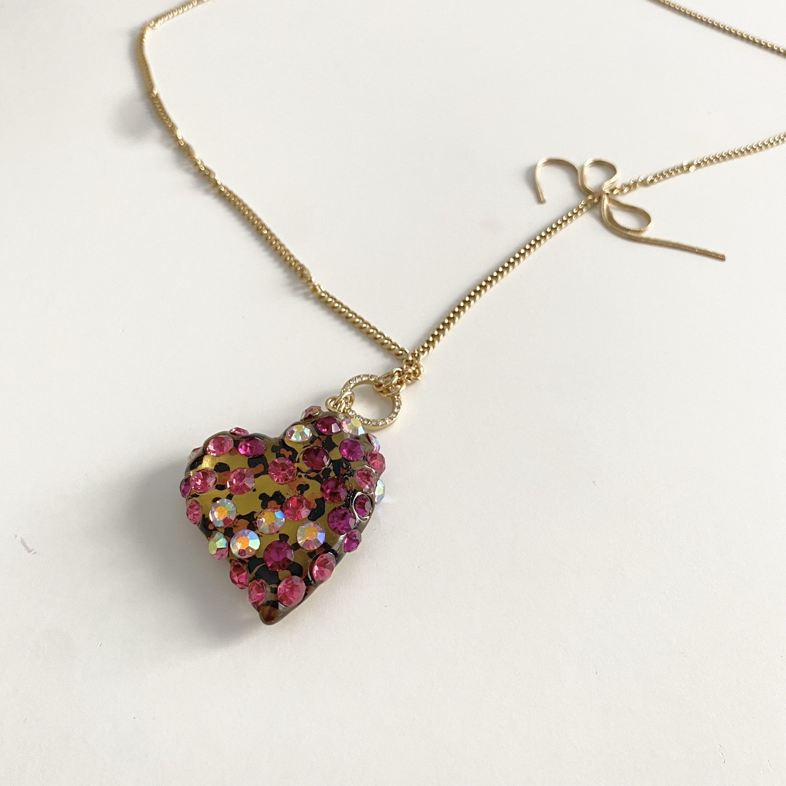 BETSEY JOHNSON Leopard Print Pink Rhinestone Heart Necklace Earring Jewelry Set