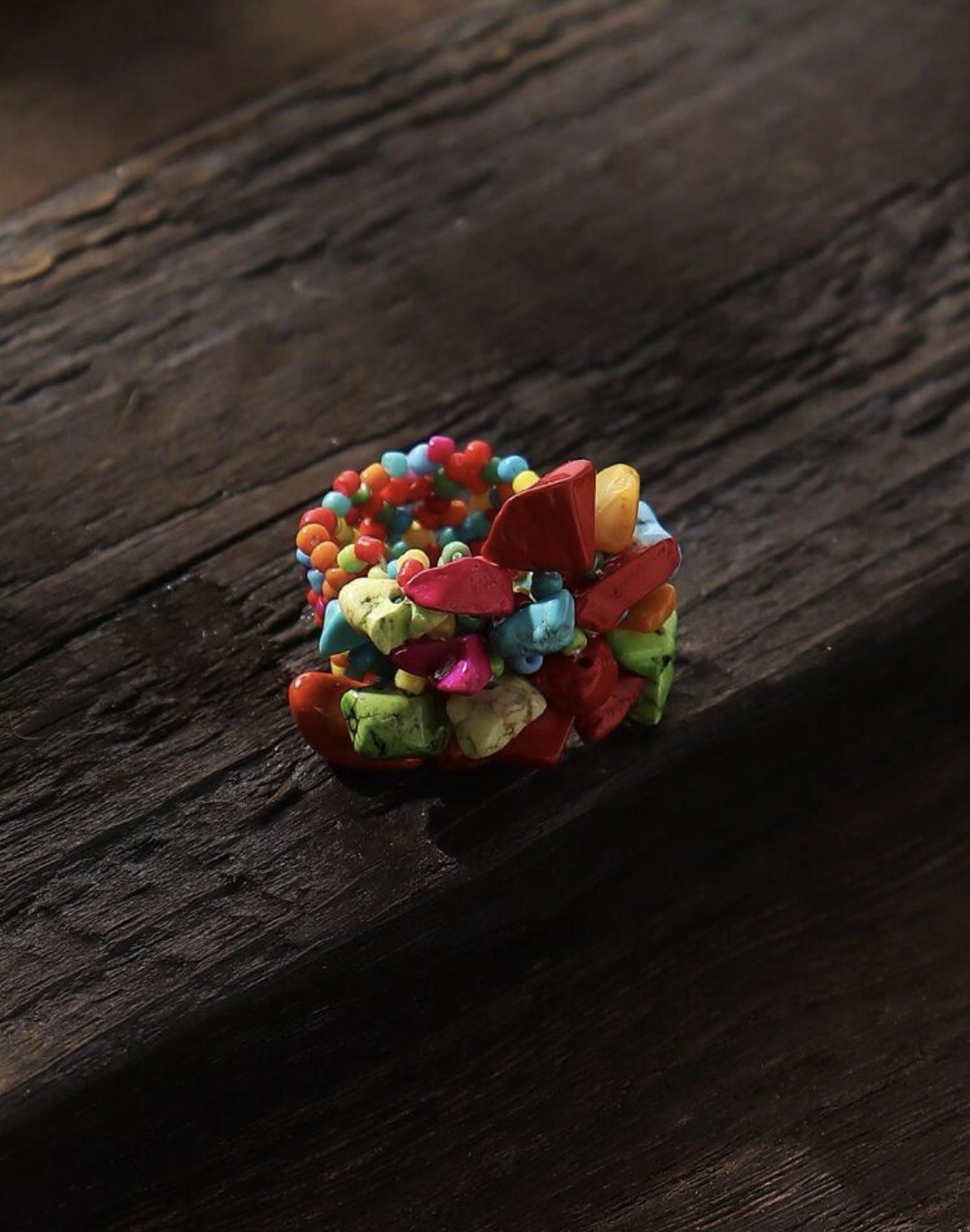 Dyed Turquoise Chip Stone Stretch Ring Blue Braided Woven Elastic Beach Handmade