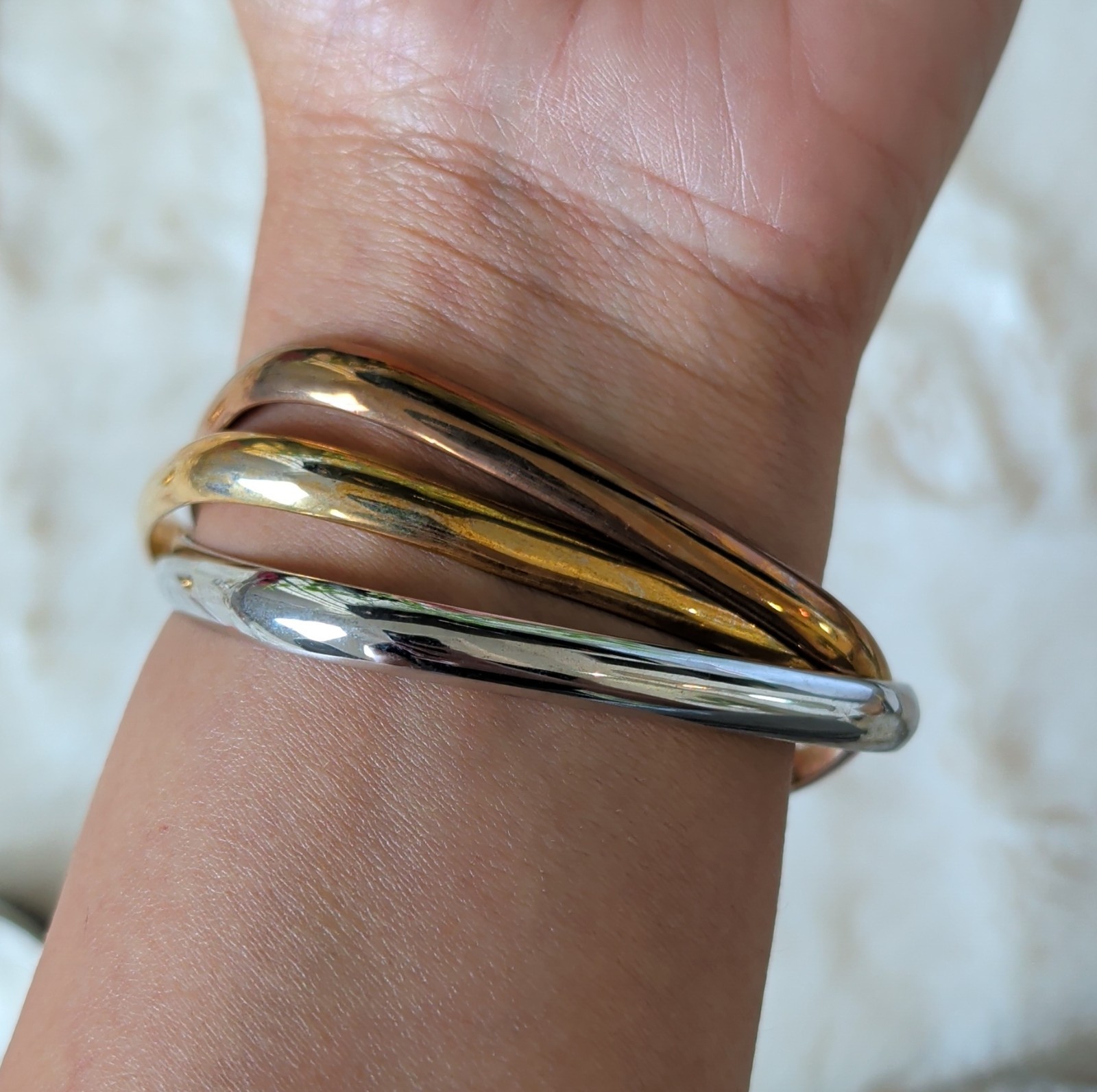 Asymmetrical Gold Silver Bronze Tone Metal Bangle Bracelet Set of 3, 8 inch