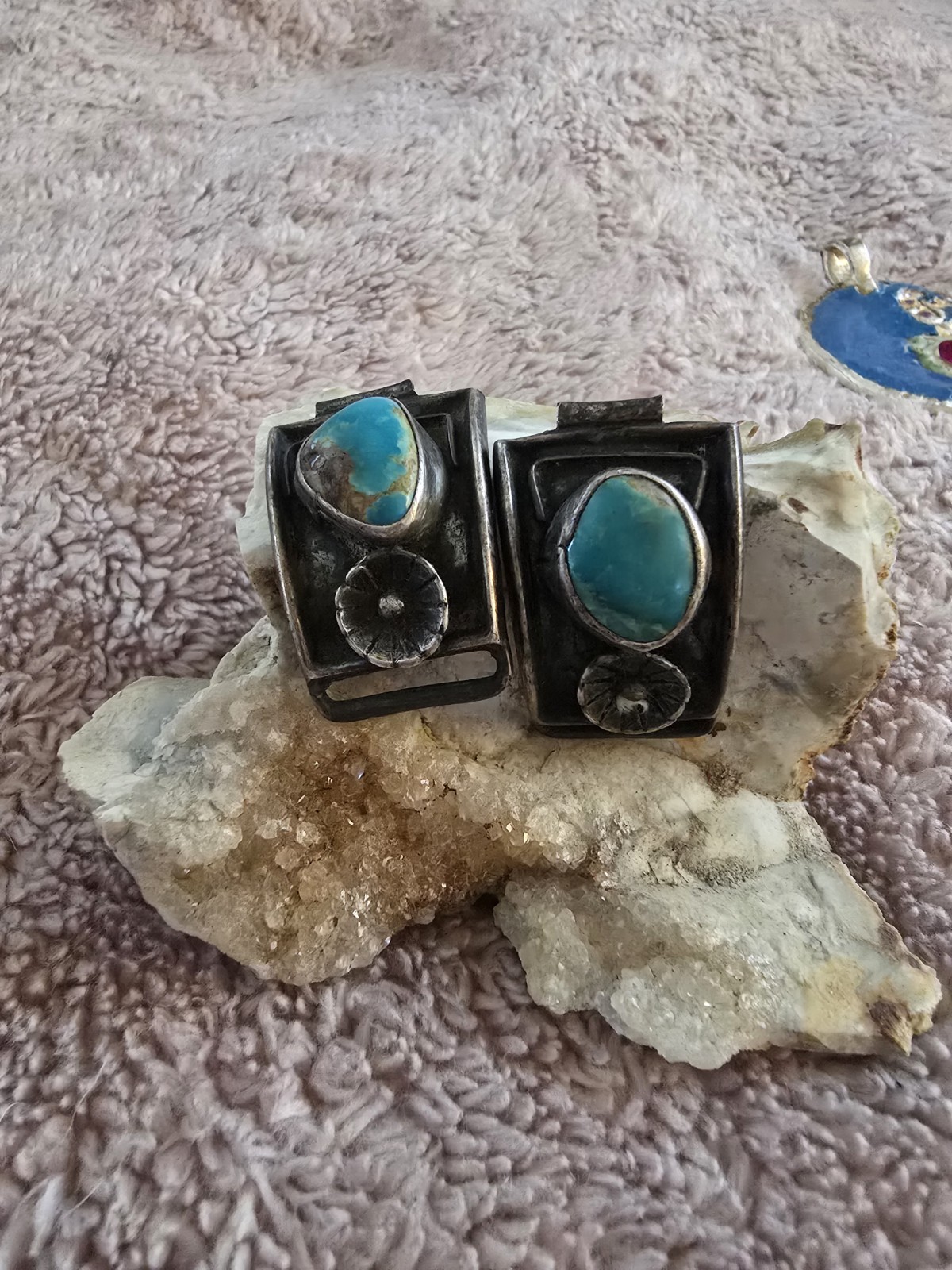 Vtg Sterling Silver Genuine Turquoise Links Flower Detail Is Real Made 0.85oz