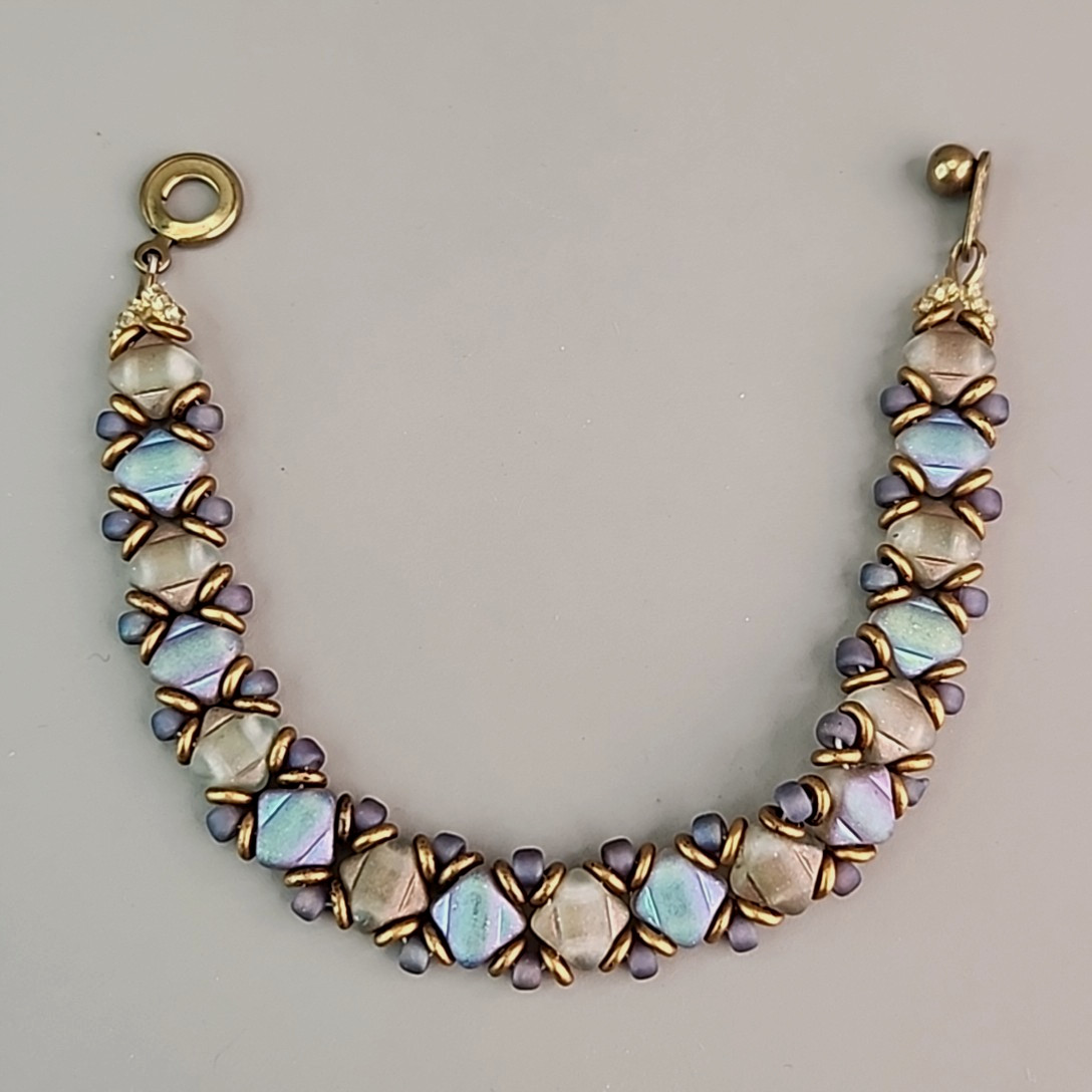 Glass Beaded Bracelet Weaved Frosted Iridescent Multicolor Snap Clasp 6.25″