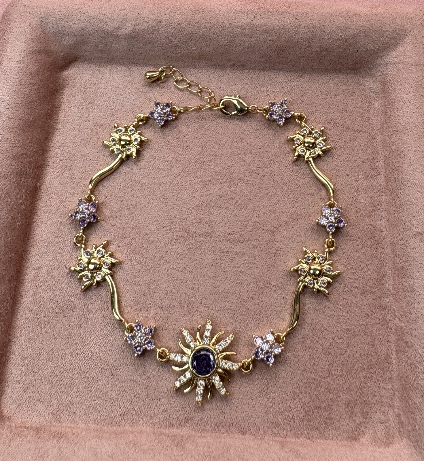Gold Tone Blue CZ Sun Jewelry Set Round Cubic Zirconia Necklace Bracelet Ring