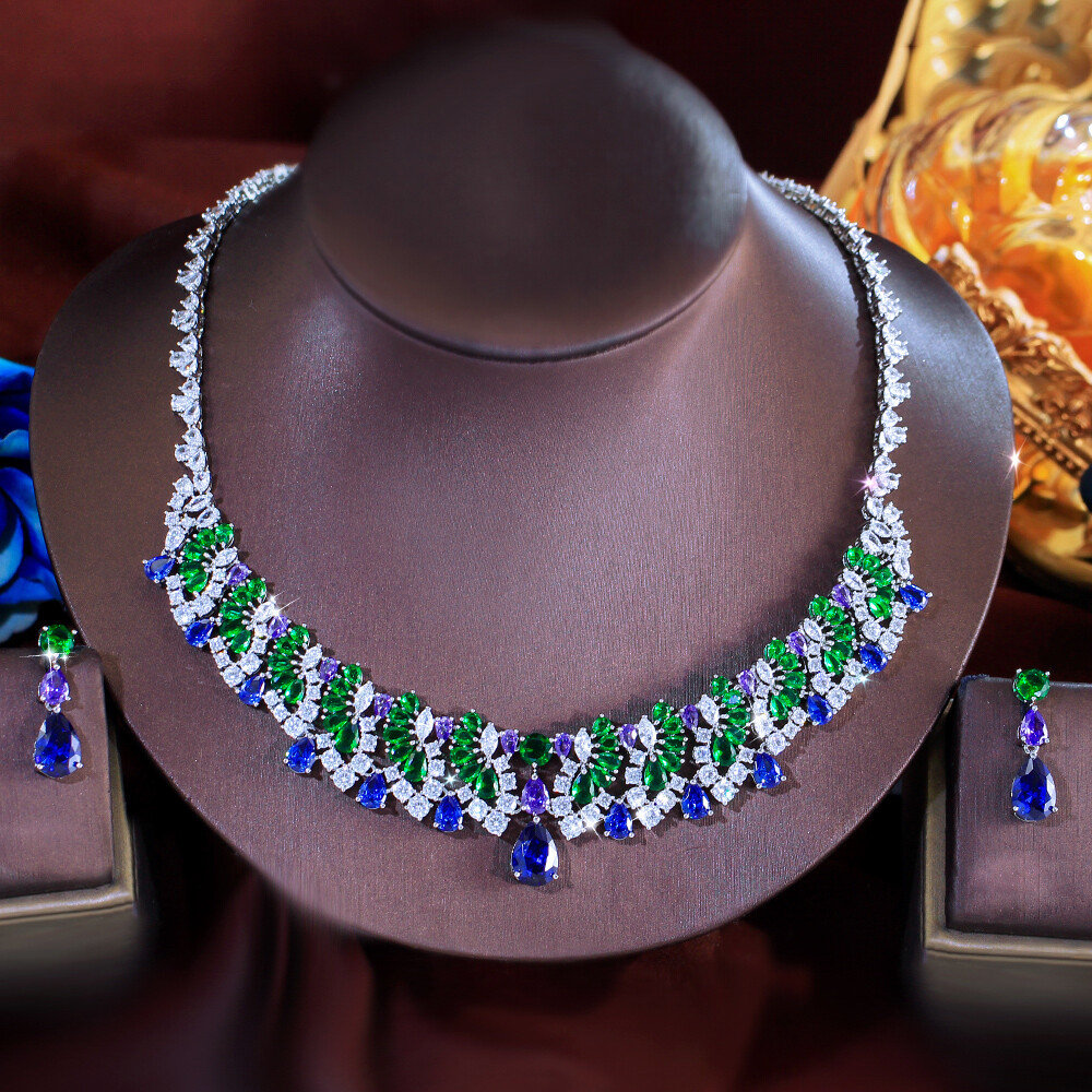 Women Blue Drop Multicolor Necklace Earrings Silver Plated CZ Bridal Jewelry Set