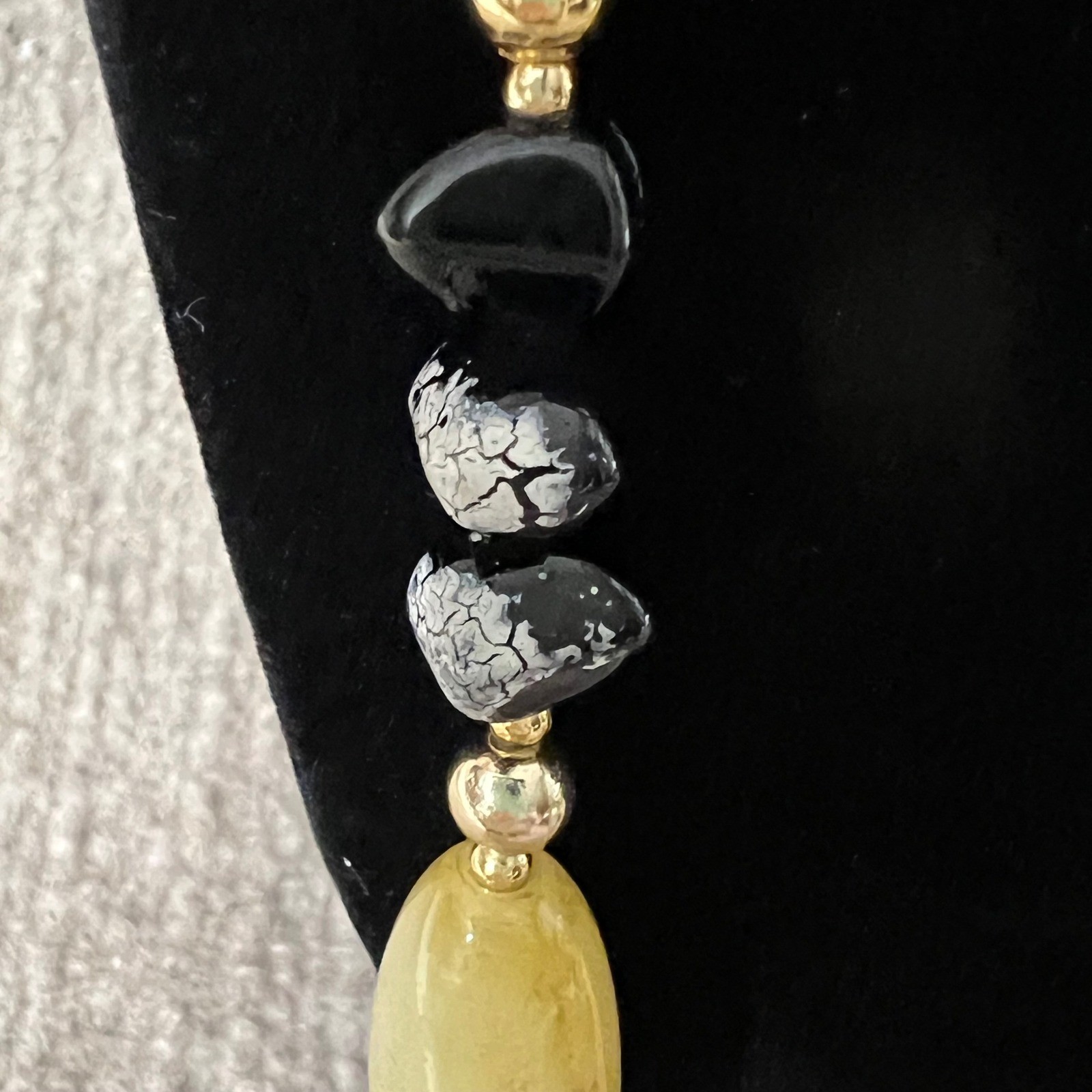 Long Beaded Necklace Yellow Black Gold Tone Fashion Costume Jewelry