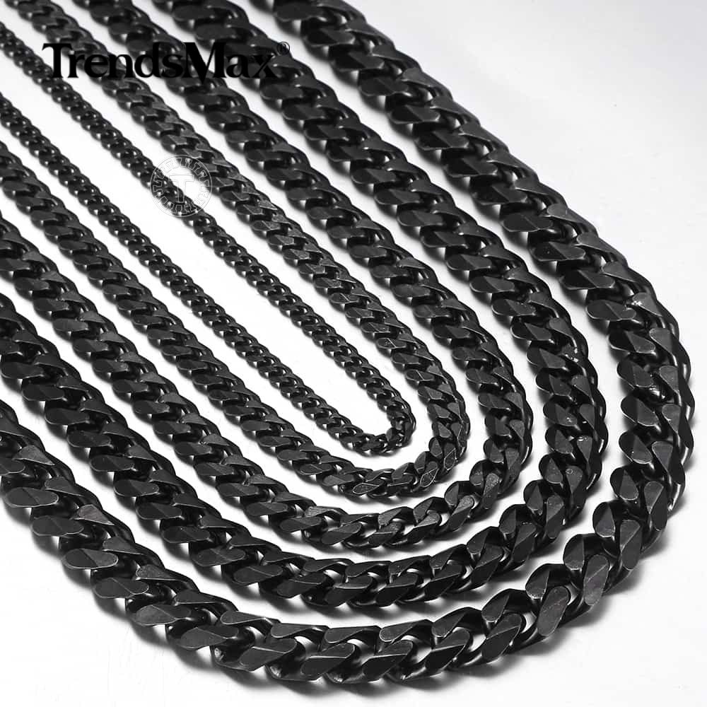 3/5/7/9/11mm 18-34″ Black Stainless Steel Necklace for Men Boys Curb Cuban Chain