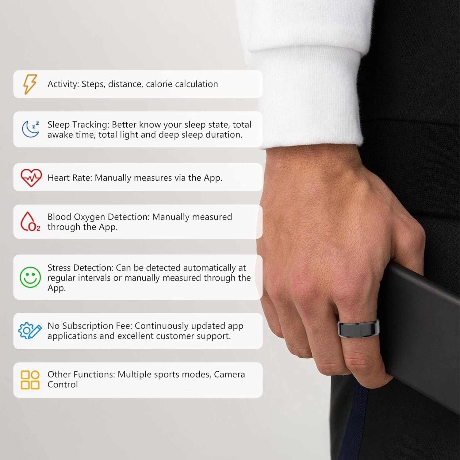 Smart Ring Health Monitor-Heart Rate-Fitness Tracker Comfort Fit *Unisex* Black