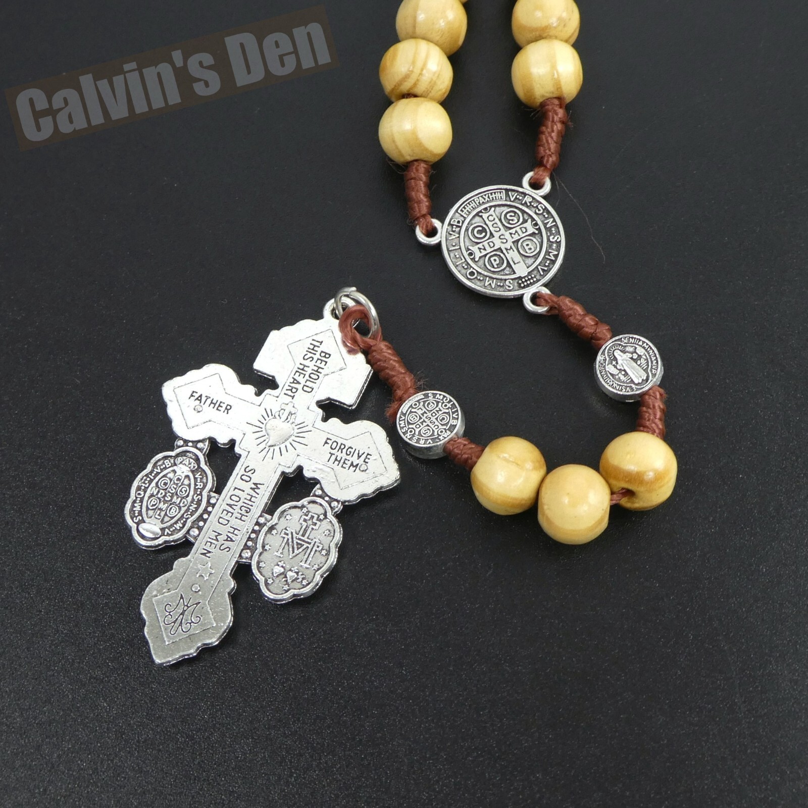St Benedict 3-Way Pardon Crucifix Rosary Necklace Wood Bead Five Decade Cross