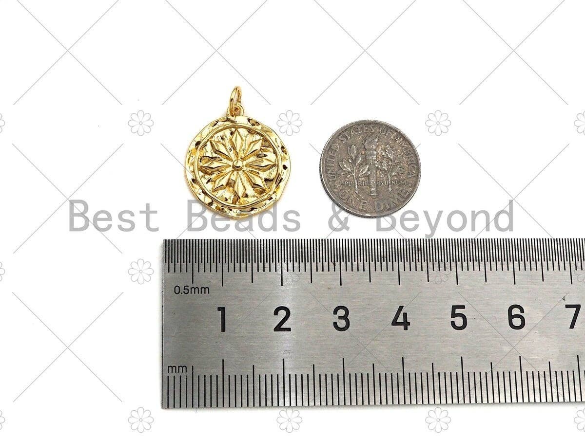 Dainty Gold Flower On Round Coin Shape Pendant/Charm,Gold Medallion Charm,