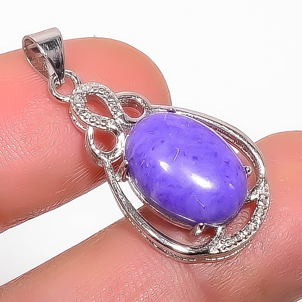 Charoite 925 Silver White Rhodium Plated Pendant 1.21″ P7461-69
