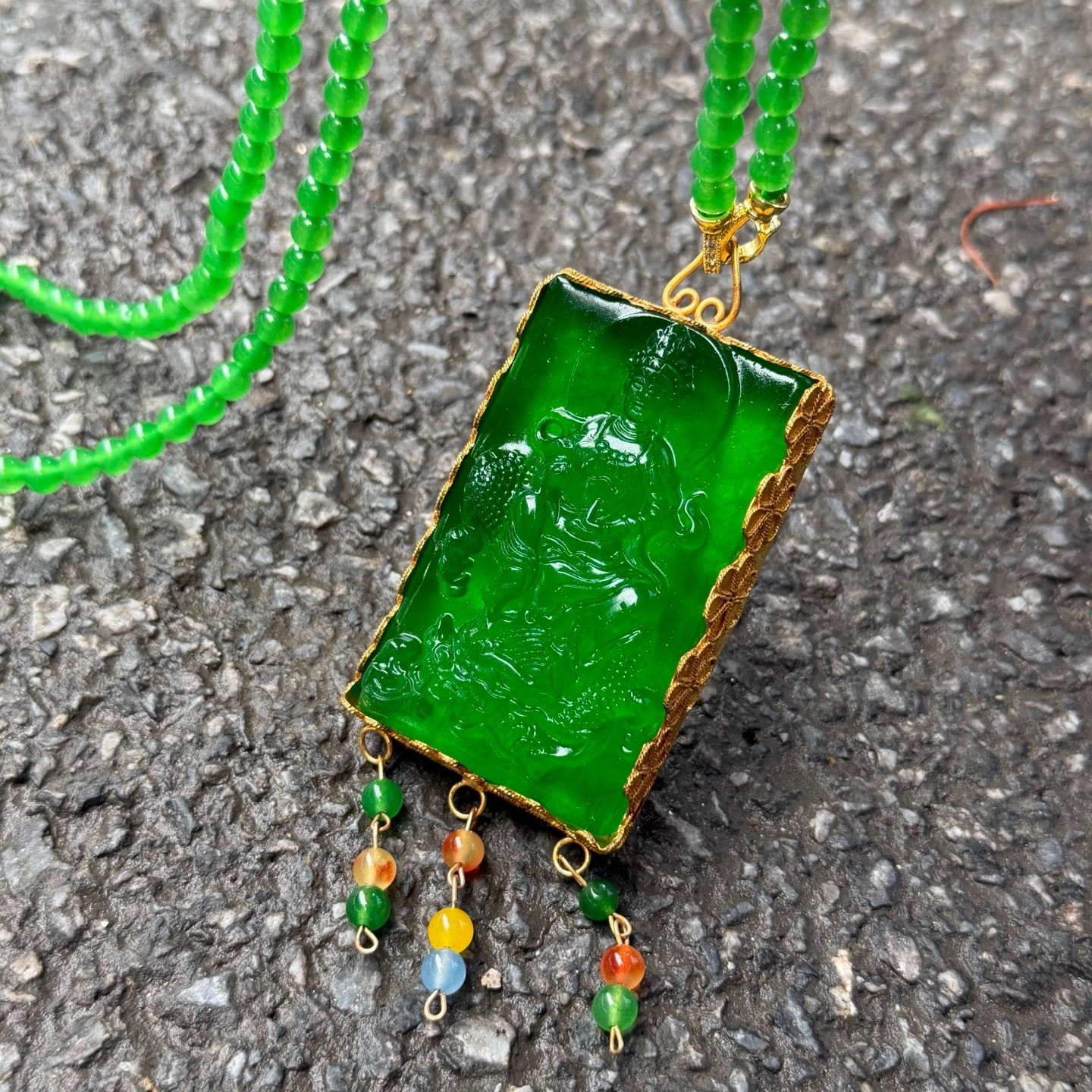 Natural ice inlay Green Jade Jadeite Dragon Kwanyin Pendant&Necklace 鎏金乘龙观音