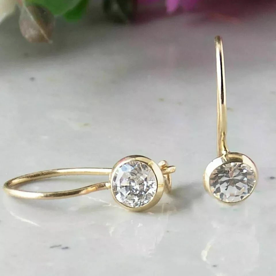 14K Yellow Gold Plated 2Ct Round Cut Simulated Diamond Fancy Bezel Drop Earrings