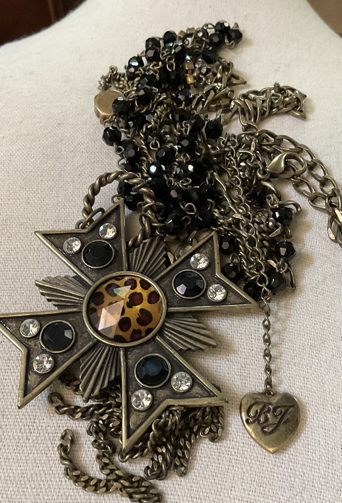Betsey Johnson Iron Cross/Leopard Necklace Long Black Beads Crystals Brass 28+3″